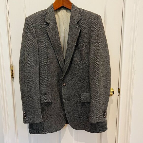 Vintage Hagger Gray Harringbone Sport Coat Leather Button Patch Pocket 42 L - Picture 11 of 16